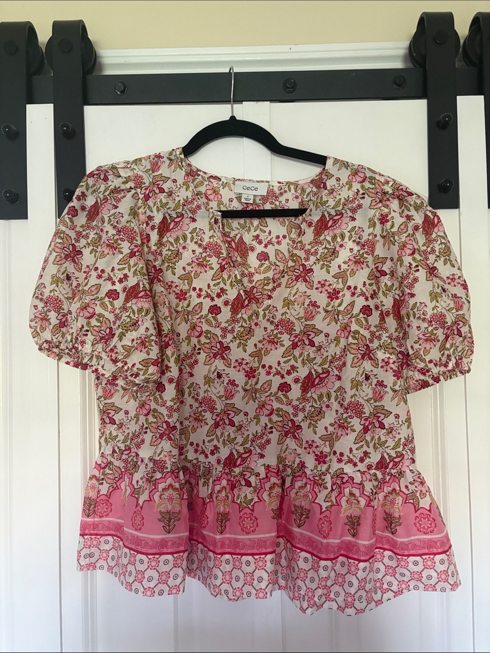 CeCe Pink and Cream Floral Peplum Blouse